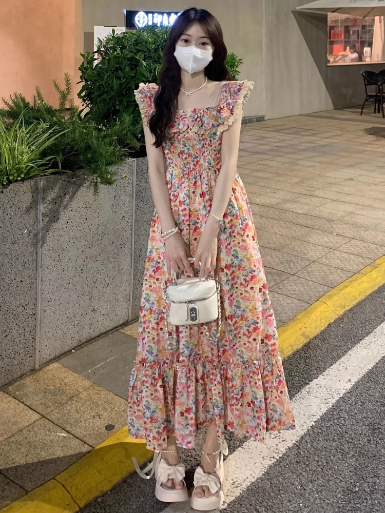 Floral Dress Women Vintage Aesthetic Flying Sleeve Bodycone A-line Harajuku Vacation Temper High Waist Vestidos Designer Leisure