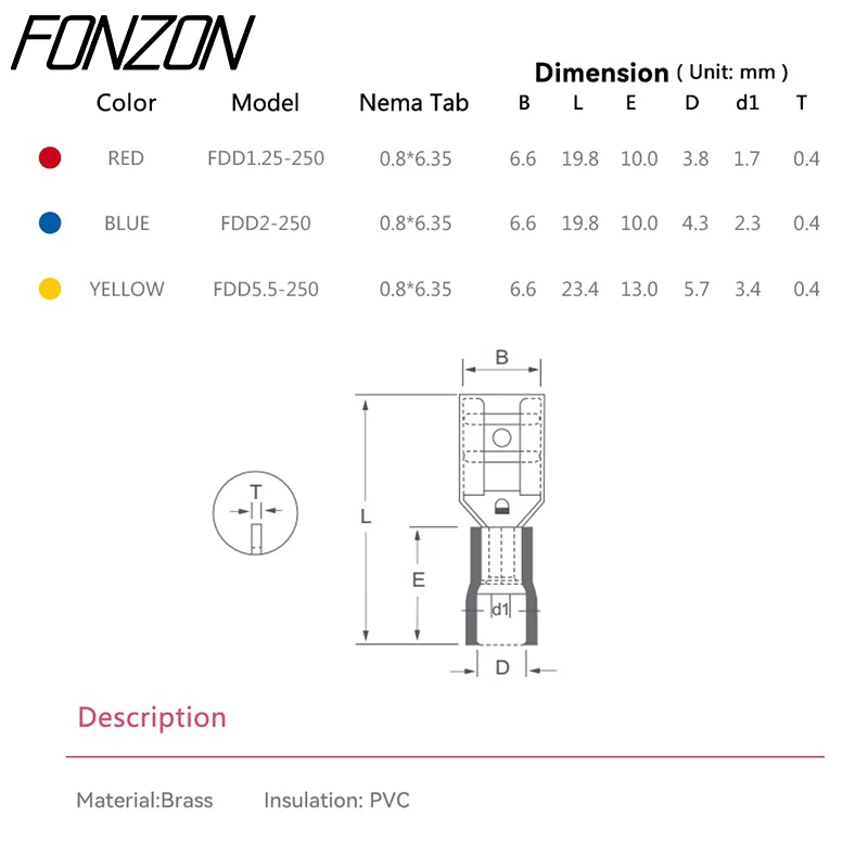 100 PCS FDD2-250 female pre-insulated crimp terminals suitable for 1.5-2.5mm² connectors MDD2-250 Female spade cable connectors