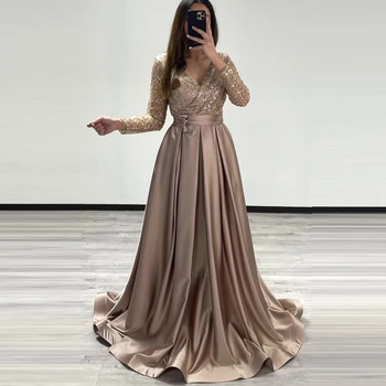Robe de soirée personalizado feito sob encomenda mangas compridas a linha lantejoulas vestido de noite cetim árabe saudita vestido de festa vestidos de baile
