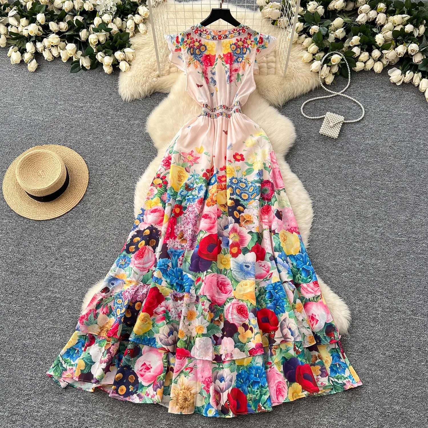 Mode vacances d'été magnifique fleur en mousseline de soie Robe longue nouveau Boho femmes volants profond Sexy col en V sans manches imprimé bouton Robe