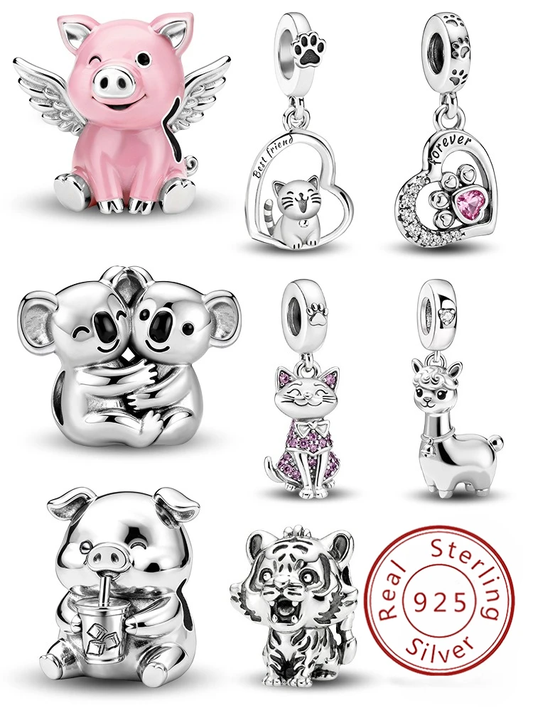 925 Sterling Silber Kleines Fliegendes Schwein Alpaka Tier-Serie Charms Perlen Passend für Original-Armbänder Armreifen Feiner Schmuck Geschenk