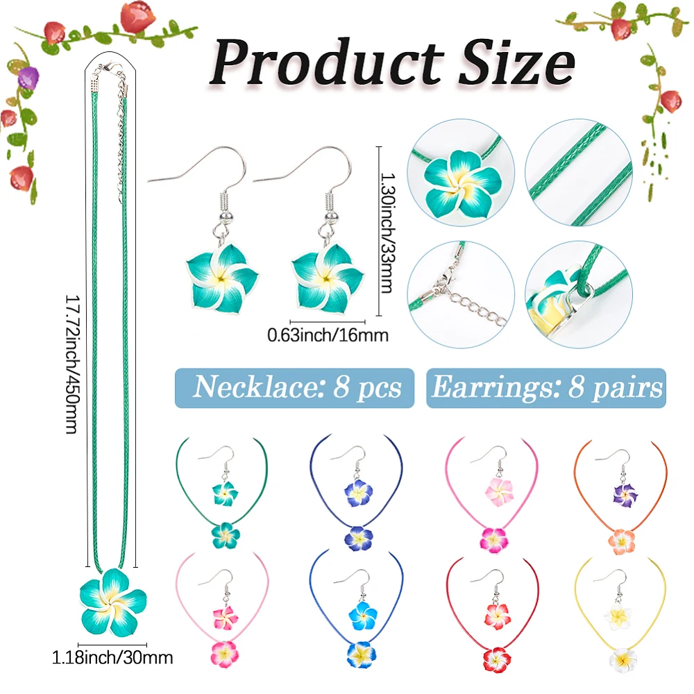 16pcs 8 Colors Flower Earrings and Necklace Set Plumeria Jewelry Set Polymer Clay Summer Hawaiian Sun Floral Dangle Earrings