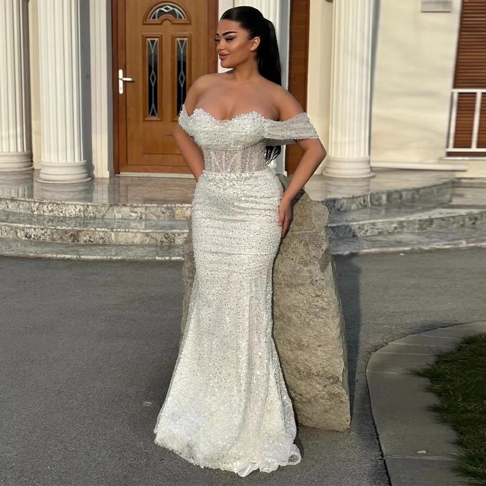 Pink Elegant Evening Gown Off the Shoulder Evening Dress with Pearls and Sequined Mermaid Prom Gown for Woman Customized