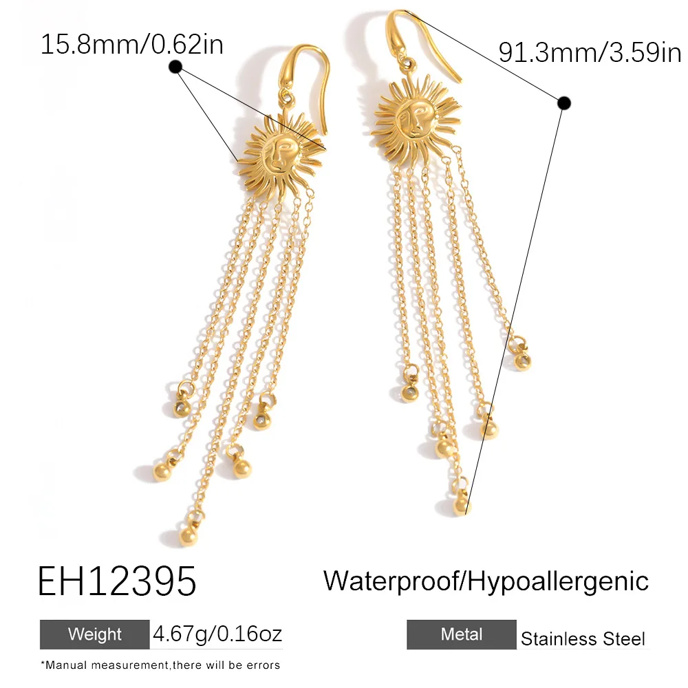 Titanium steel stud earrings with fashionable and elegant sun face design, multi-chain fringed stainless steel earrings