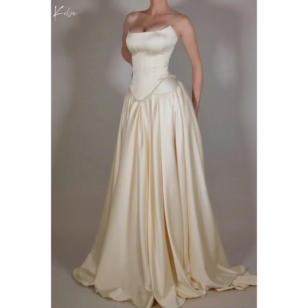 

Kobe Индивидуальные белые жемчужные платья для выпускного вечера без бретелек с открытой спиной и без рукавов длиной до пола, атласные вечерние платья трапециевидной формы
