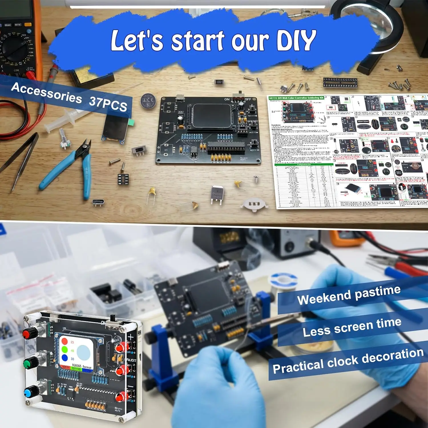 DIY Color Mixer with RGB Display & Digital Clock Custom Clock Color Electronics Kit STEM Soldering Project for College & Home