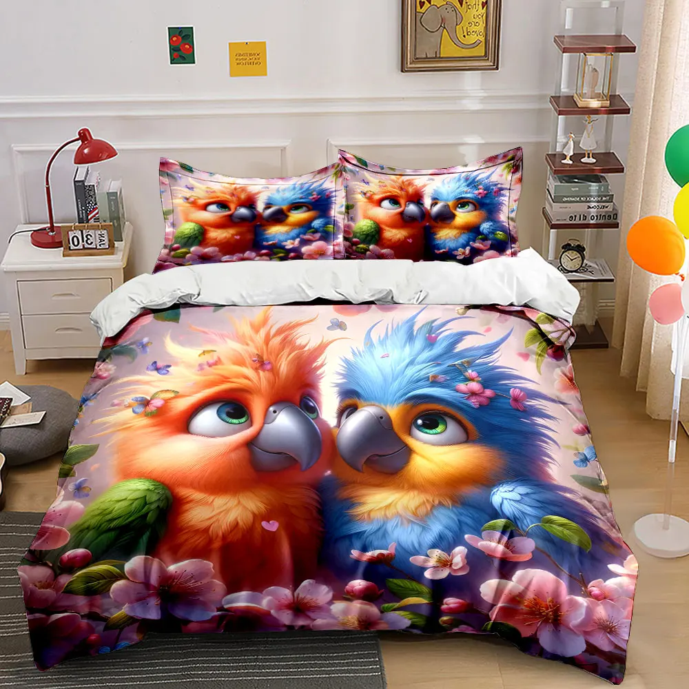 Cute parrots with cherry blossoms Print Bedding Set 1 Duvet Cover 2 Pillowcases for Adult and Children Luxury Gift Full Size