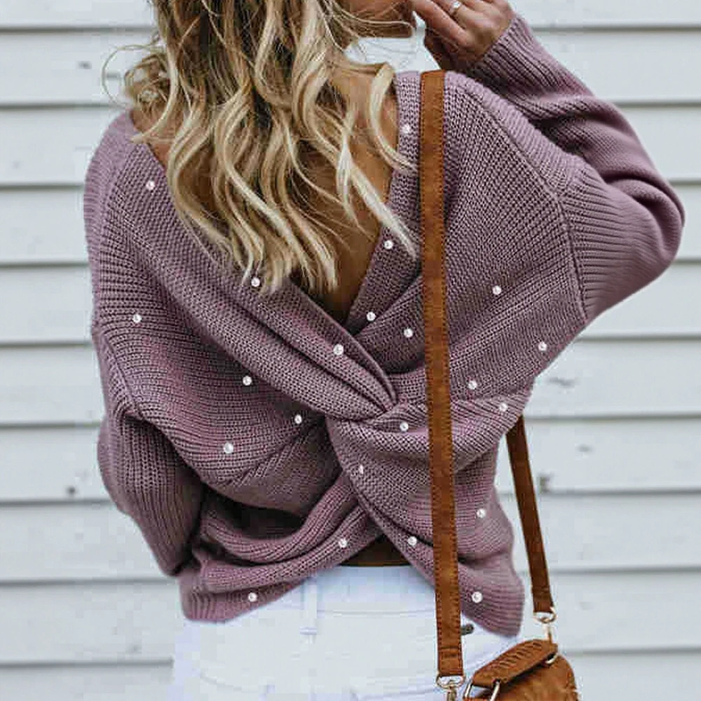 

Женский вязаный свитер с рукавами «летучая мышь» и открытой спиной, сексуальный топ в европейском стиле