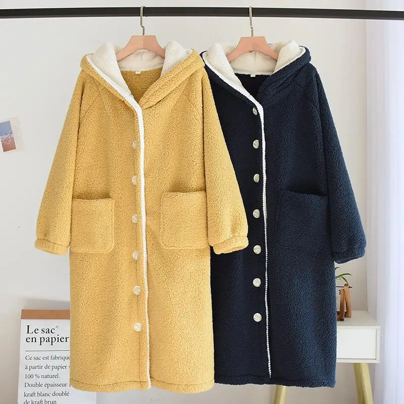 

Pajama Set Comfortable Sleepwear New Fluffy Fleece Robe Women Winter Warm Plush Thick Bathrobe Long Homewear For Autumn Winter