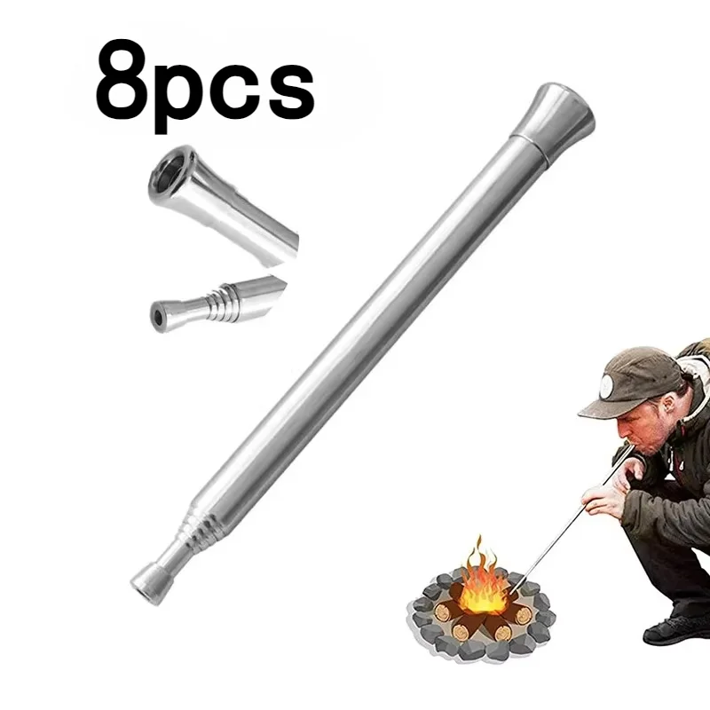 8pcs Fire Blow Pipe Telescopic Camping Blow Fire Tube Blower Stainless Steel Pipe Campfire Tool for Outdoor Picnic BBQ Fireplace
