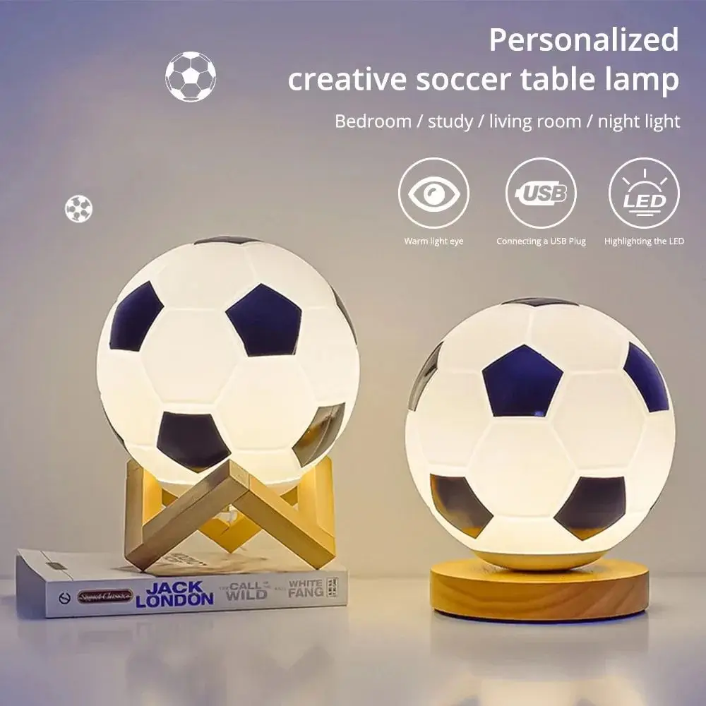 Solid Wood Base 3D Football Night Light 3 Colors Warm Light Creative Table Lamp Realistic Dimmable Small Decorative Light