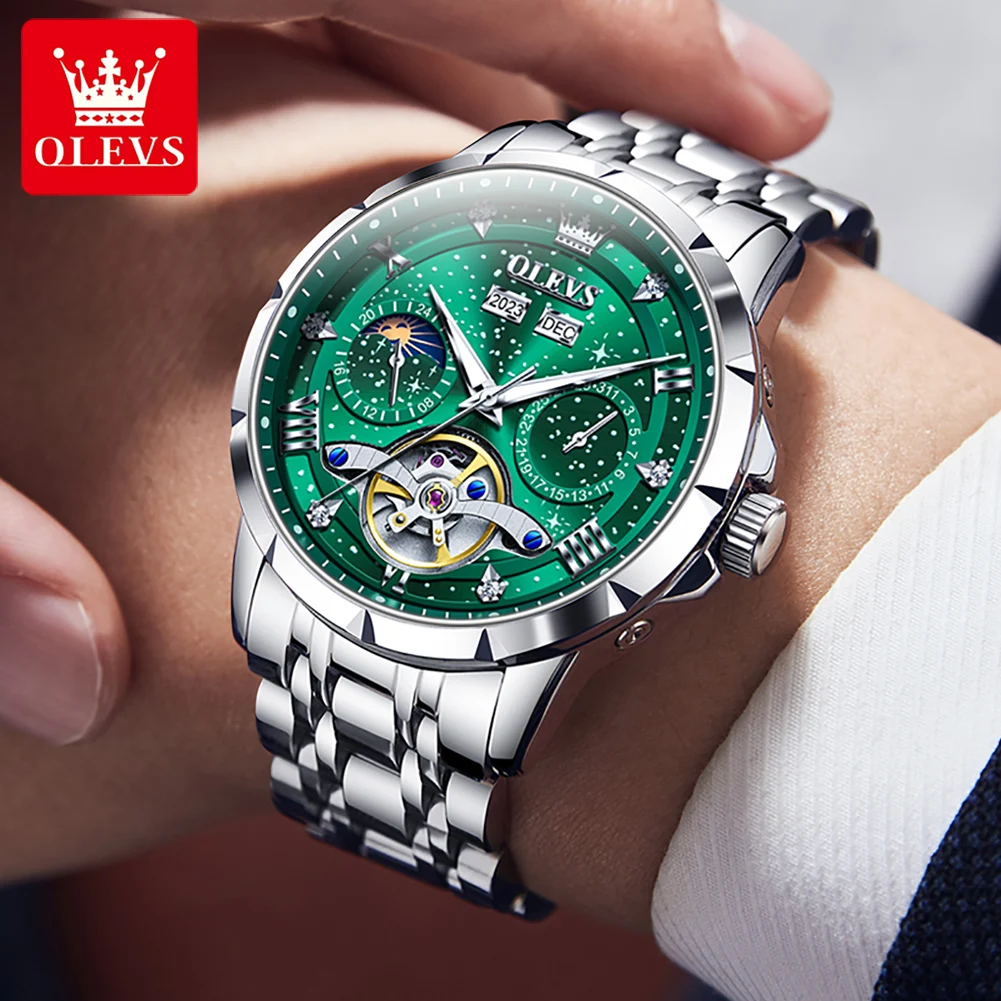 OLEVS Starry Man Watch Modny automatyczny mechaniczny zegarek na rękę dla mężczyzn Wodoodporny pasek ze stali nierdzewnej Wielofunkcyjny zegarek