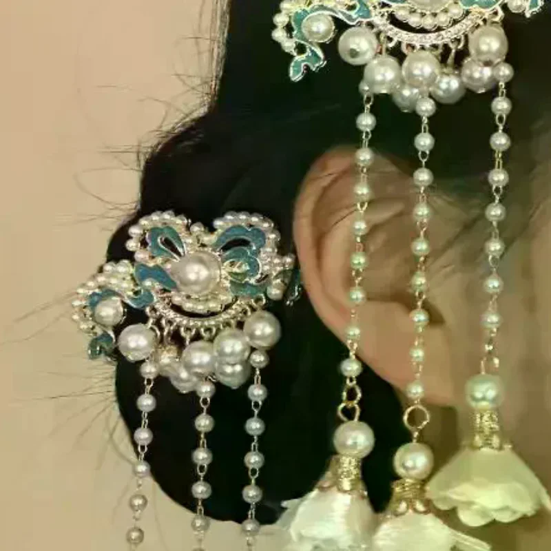 Vintage Chinese Style Pearl Tassel Hair Clips Enamel Flower Hair Pins For Women Hanfu Wedding Hair Accessories