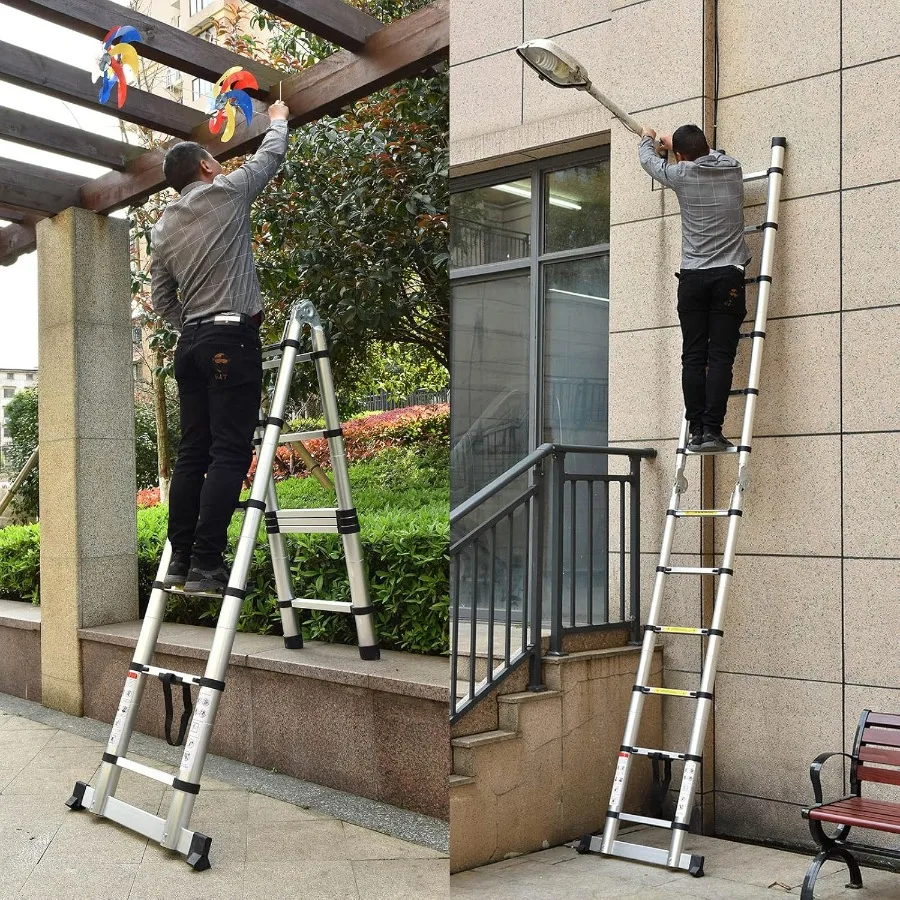 سلم تصغير من الألومنيوم 12.5FT AFrame سلم تمديد 2in1 سلم مدمج متعدد الأغراض مع قفل أمان محمل بزنبرك S