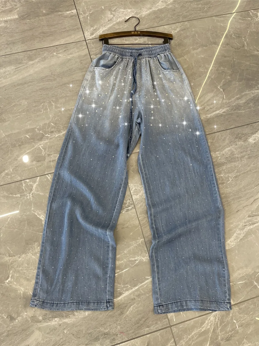 Jeans Damen dünne heiße Strass Farbverlauf Farbe Straight-Leg Jeans hose europäische Ware 2024 Sommer elastische Taille Mop Hose