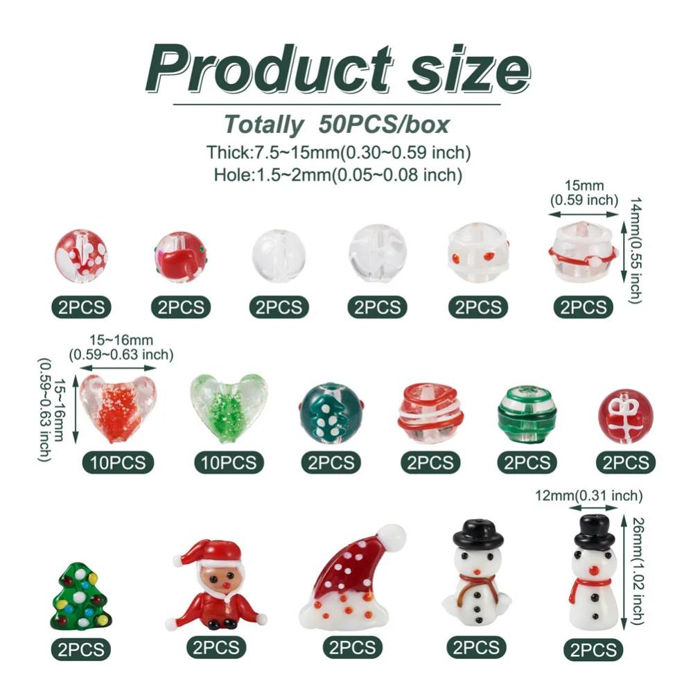 50Pcs Cute Christmas Lampwork Beads & Glass Beads Christmas Tree Snowman Round Beads for Xmas Bracelet Jewelry Making DIY Decor