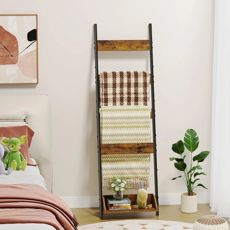 Blanket Ladder, 4-Tier Blanket Rack with Storage Ladder Shelf, Towel Rack Stand for Bathroom