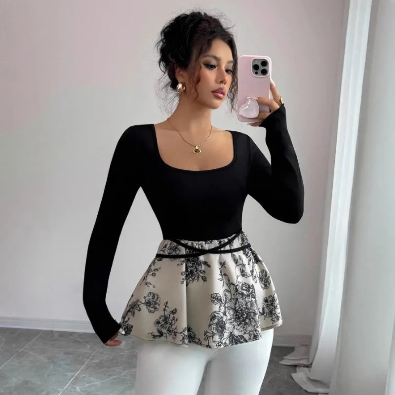 

Осенний новый галстук с квадратным вырезом, тонкая нишевая юбка с цветочным принтом, универсальный топ