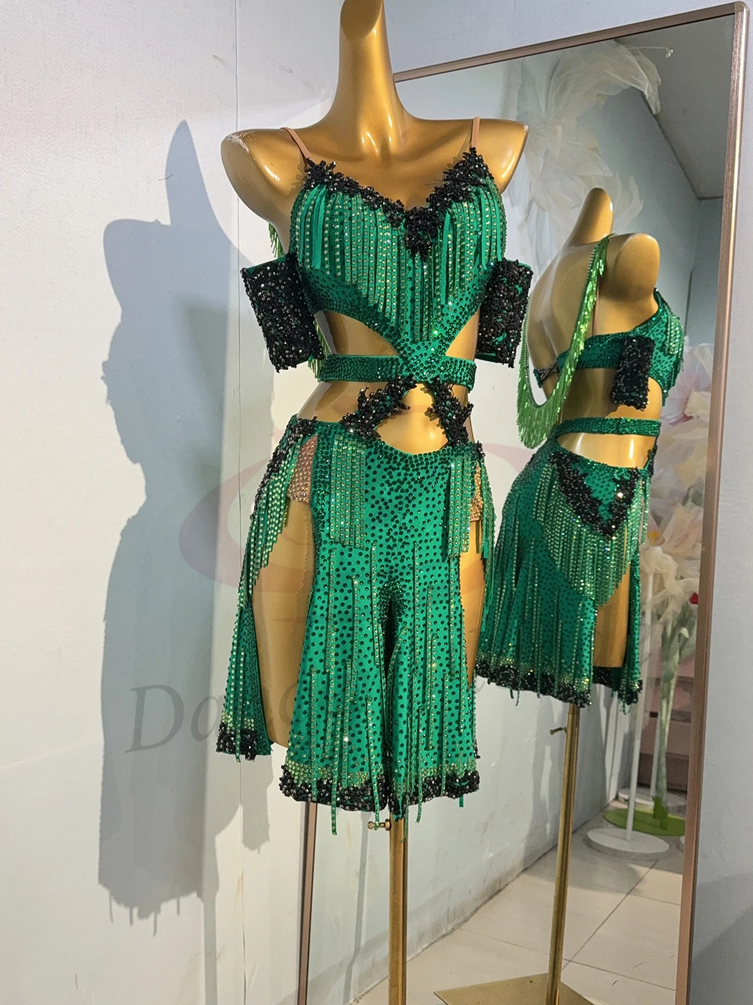 Traje de dança latina strass feminino high-end personalizado verde diamante tira saia dividida samba desempenho vestido