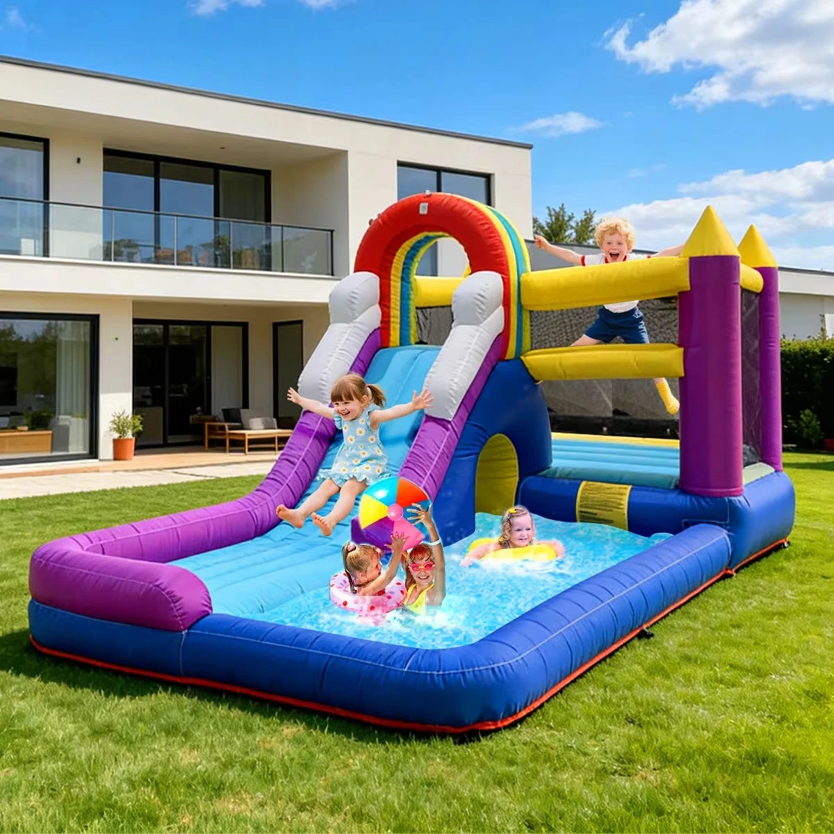 Inflatable Water Bounce House with Slide Splash Pool Oxford Bouncy Castle Backyard Summer Party Backyard Outdoor Commercial