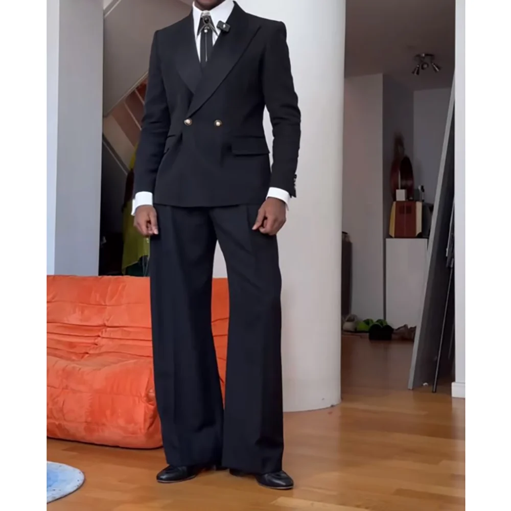 Black Loose Casual Double Breasted Men's 2 Piecs Suits Jacket Pants Daily Social Party Business Style