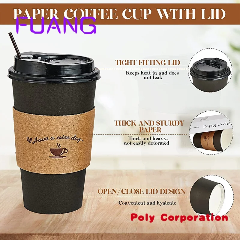 Custom  4oz 8oz 12oz 16oz Disposable Double Wall Gold Foil Stamping Custom Logo All Black Hot Coffee Paper Cup With PS Lid