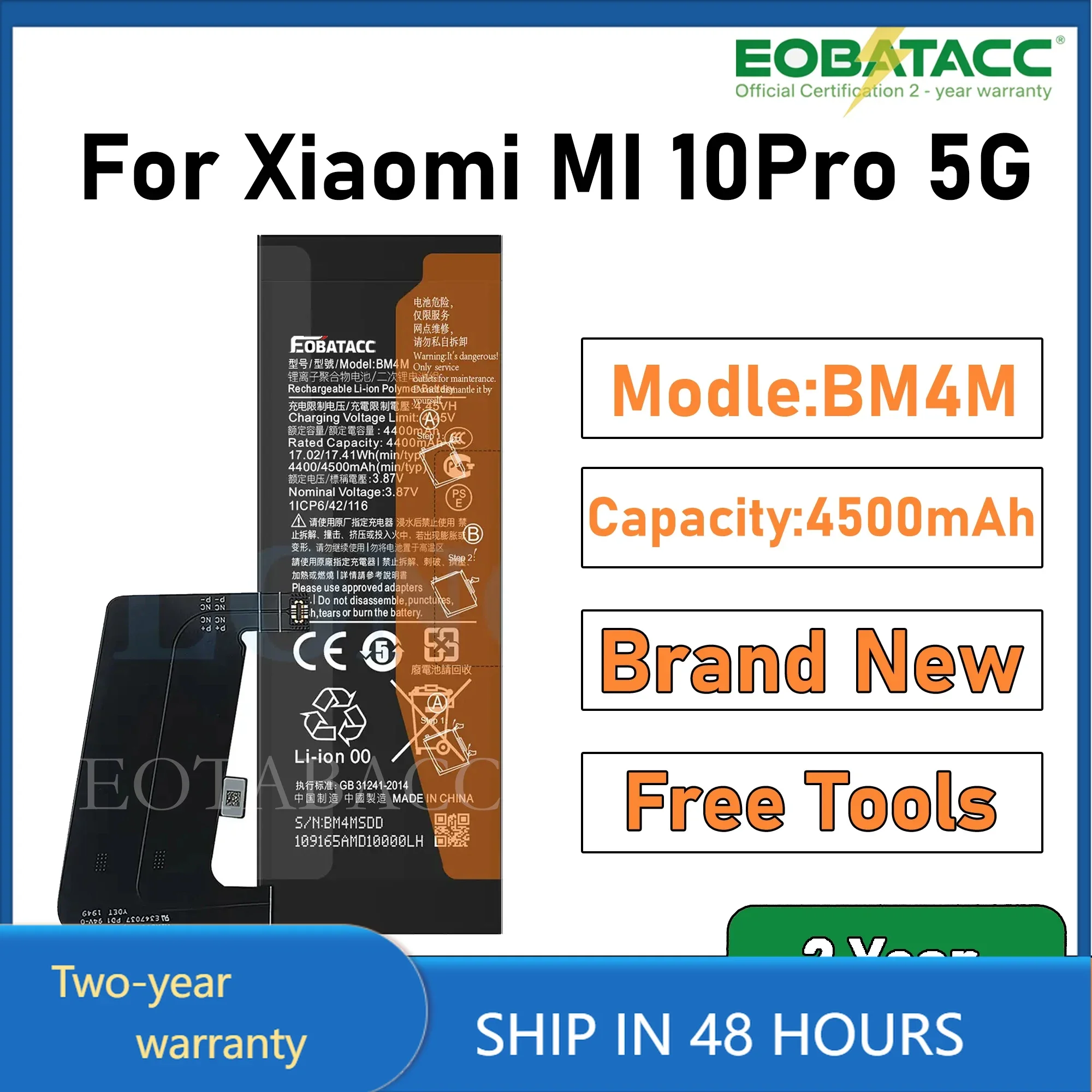 2025 Years EOBATACC 100% New BM4M   Battery For Xiaomi 10Pro 5G  4500mAh Batteries+Free Tools