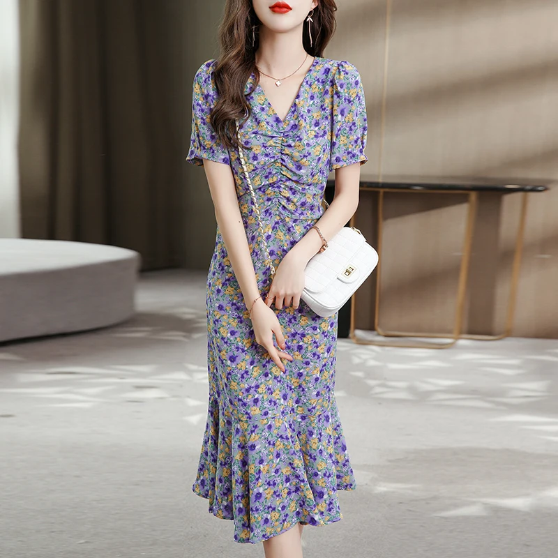 

French Style Purple Flower Chiffon Dress V-neck Sexy Summer Female Fairy Dress Ruffled Patchwork Young Lady Floral Beach Dresses