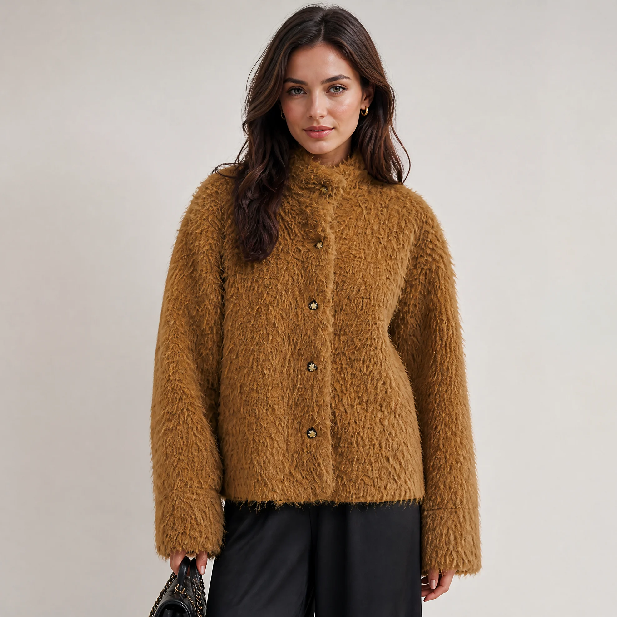 RU Women Long Sleeve Fluffy Coat Stand Collar Single Row Flower Button Loose Cropped Warm Shaggy Jacket Ideal For Casual Wear