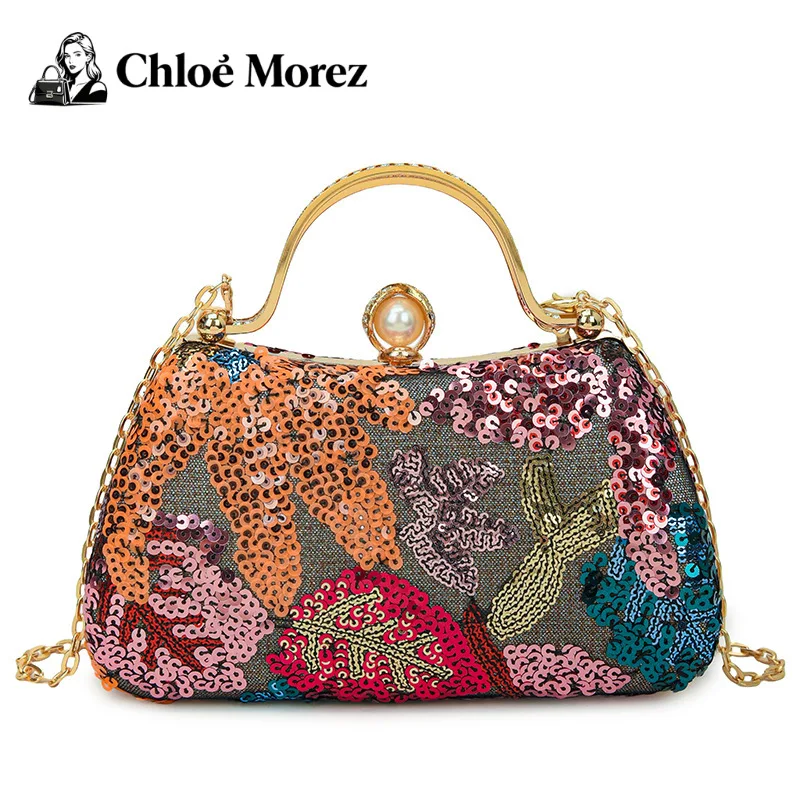 

Women's Handbag, New Chinese Style Artistic Flower Banquet Bag, Fashionable Sequin Crossbody Carrying Box Bag