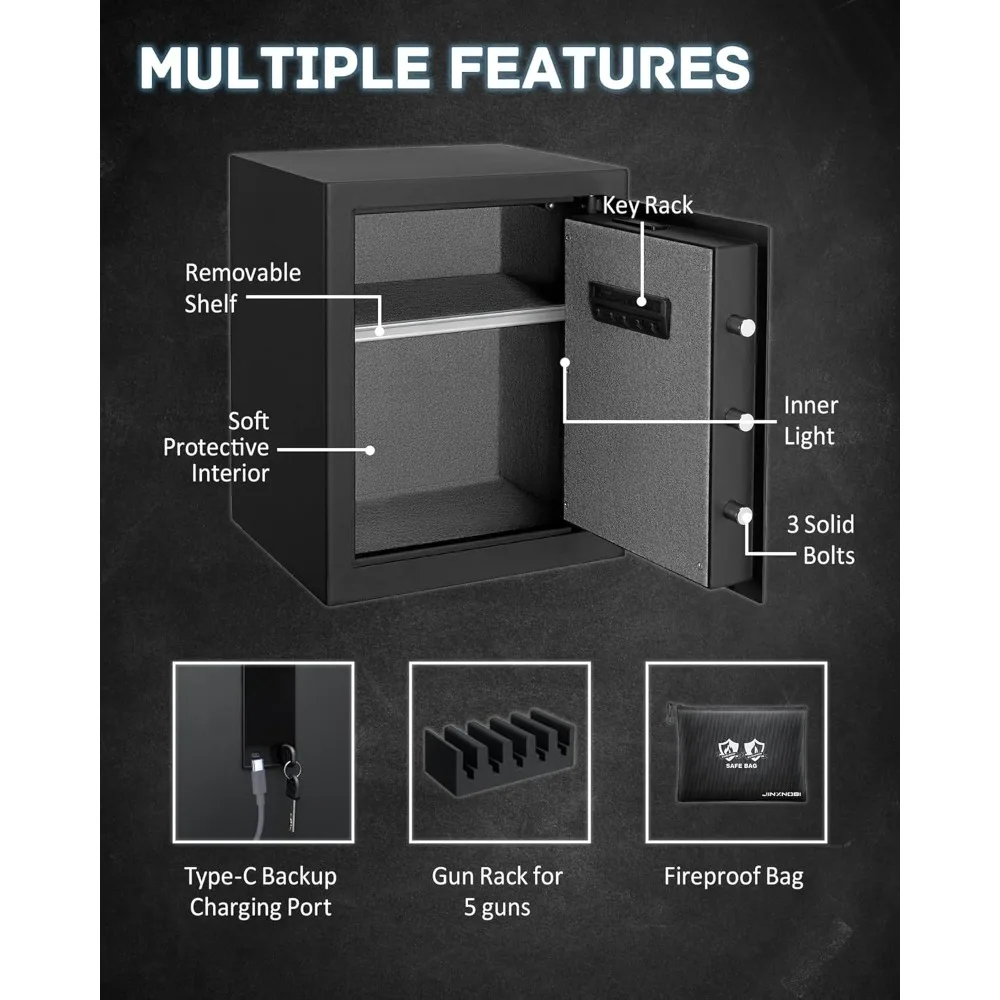 Caja de seguridad biométrica para armas, con bolsa de seguridad impermeable ignífuga, acceso inteligente con huellas dactilares para el hogar, la oficina, uso en hotel, 2,19 pies cúbicos a secu