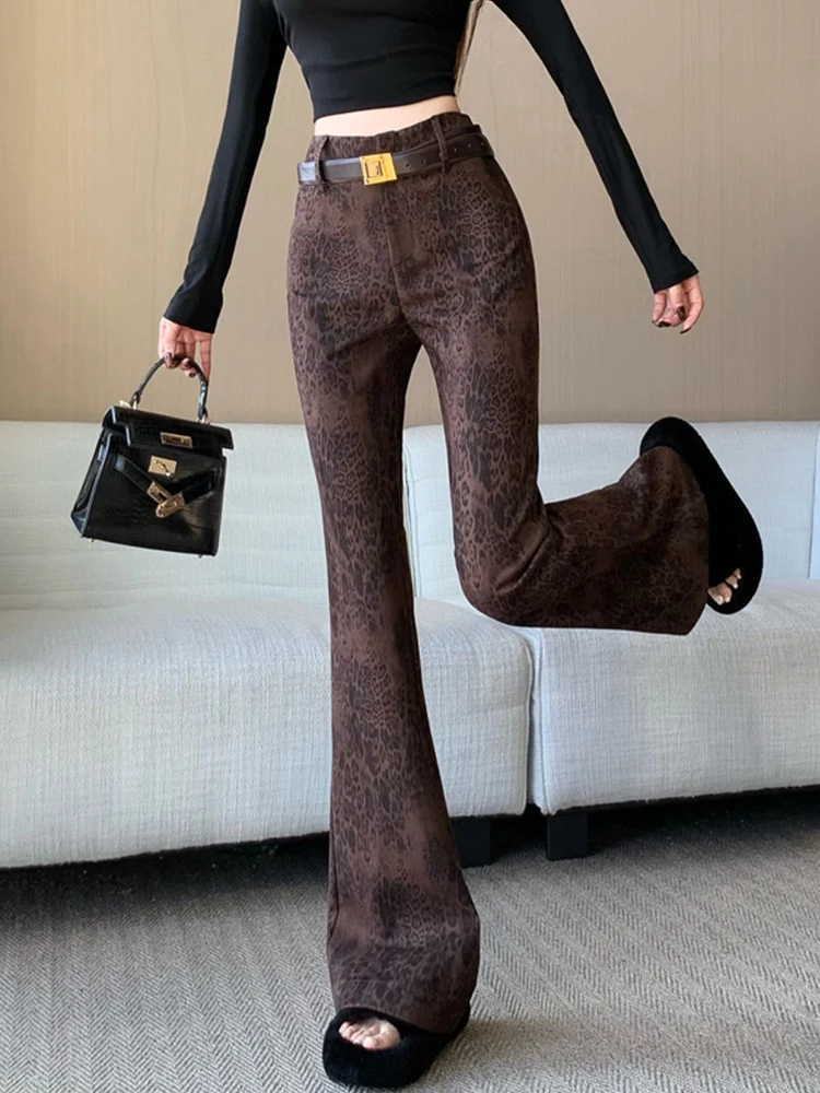 Retro leopard print coffee colored micro flared pants women in autumn and winter thickened slimming velvet flared pants