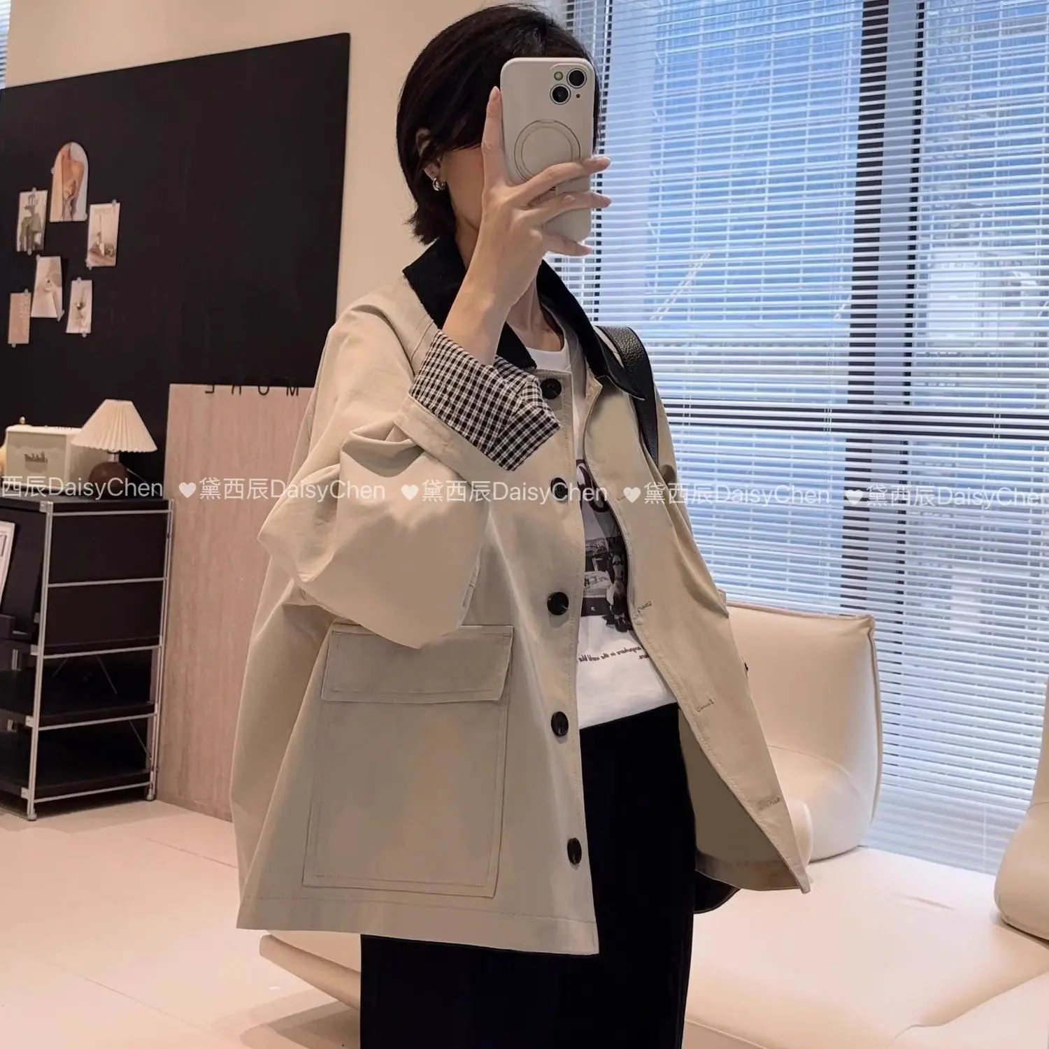 

Повседневная свободная универсальная короткая куртка цвета хаки в клетку на весну и осень для женщин