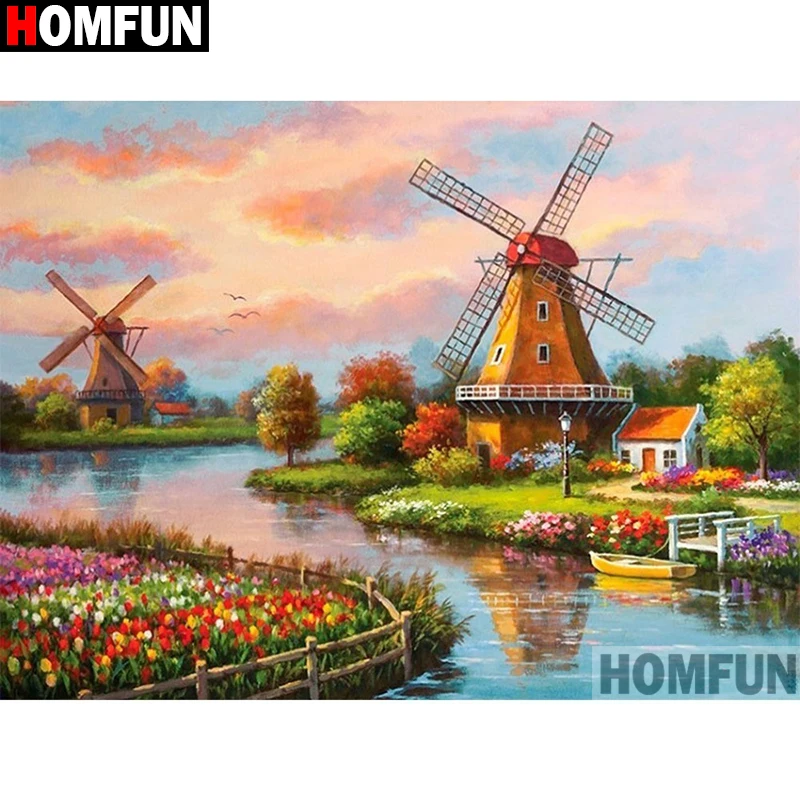 HOMFUN-pintura de diamante redondo y cuadrado 5D, artesanía ecológica, bordado de diamantes completo, "paisaje de molino de viento", decoración del hogar, A10028