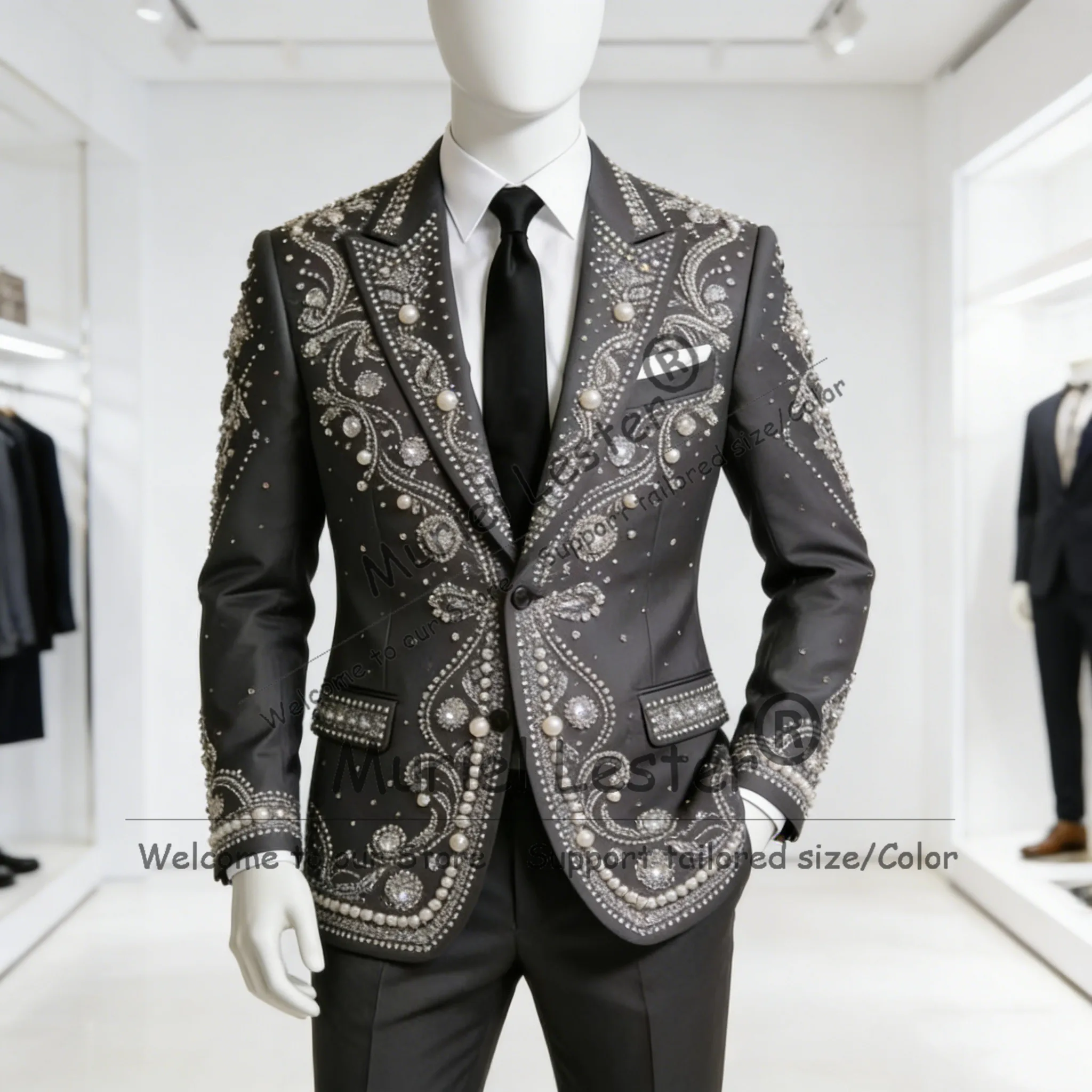 

Luxury Grey Men Suit For Wedding 2 Pieces Sets Male Prom Blazer Crystals Beaded trajes para hombre Customized Pearls Tuxedos