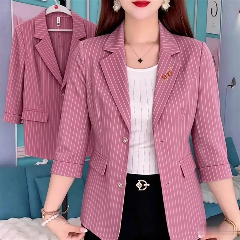 

Women's Suit Jacket Blazer 2026 New Spring Autumn Good Looking Seventy Percent Fashion Temperament Stripe Thin Suit Coat Top