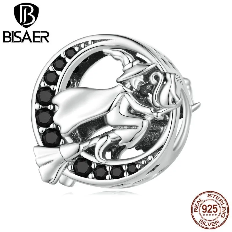 BISAER 925 Sterling Silver Vintage Witch Charm Black Zircon Moon Bead Fit Women Halloween Party DIY Bracelet Jewelry ECC2405