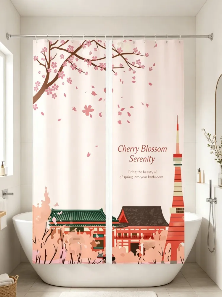 Japanese Sakura Tokyo Tower Shower Curtain | Waterproof Fabric Bathroom Curtain
