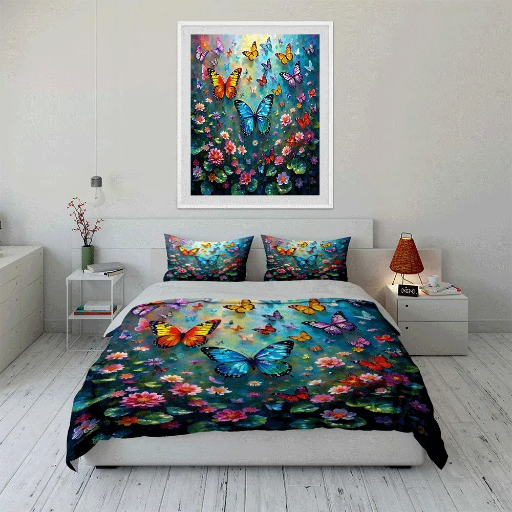 

"Colorful Butterflies and Blooming Garden" Exquisite three-piece bedding set gift for kids and adults