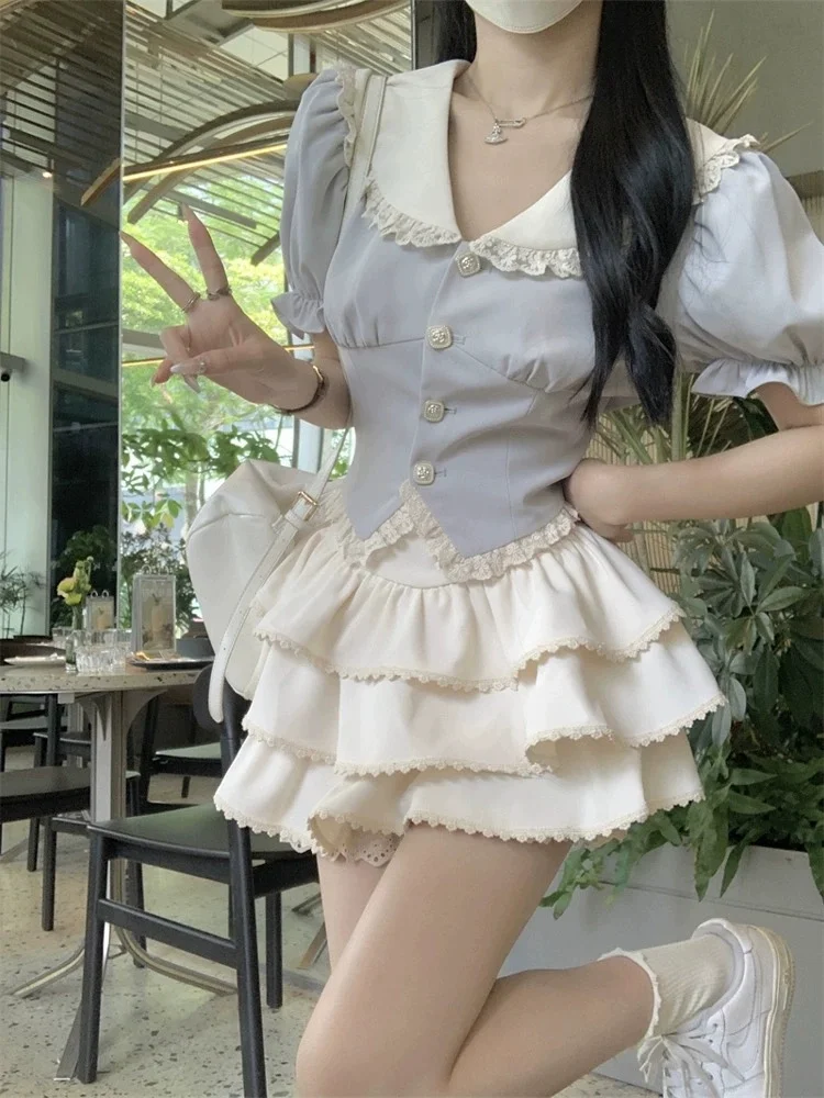 Sweet JK 2 Pieces Sets Women Cute Short Sleeve Top and Mini Pleated Skirt Suits Fashion Lolita Princess Girl Two Pieces Outfit