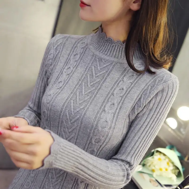 Autumn Winter Women\'s Clothing Korean Turtleneck Screw Thread Solid Color Pullover Paisley Sweater Knitted Long Sleeve Tops