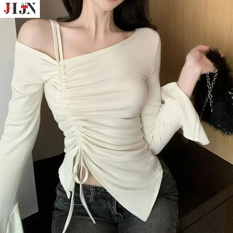 2024 Autumn models Women's Strapless Long-sleeved t-shirt Irregular Slim Sexy Bottom Shirt Pleated Neckline Tops