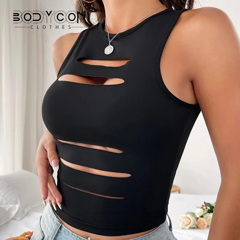 

Bodycon Women's T-shirt Y2K Pants Hollow Vest with Holes Tight Fit Sleeveless Exposed Navel and A Camisole Strap