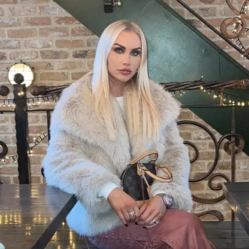 Abrigo de piel sintética esponjosa con cuello vuelto de gran tamaño para mujer, chaqueta Vintage de piel sintética, abrigos, ropa de invierno para mujer 2024