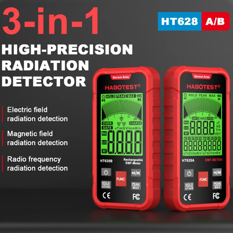 HT628A/B EMF Meter 3-in-1 Electromagnetic Radiation Tester Electric/Magnetic Field RF Radiation Detector Radio Frequency Meter