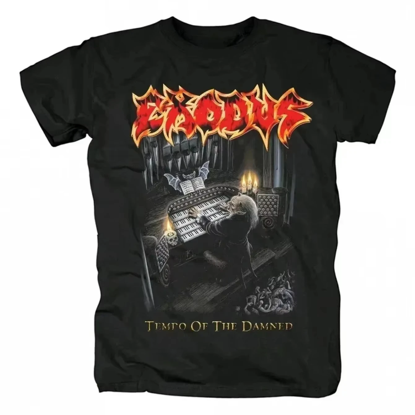 T-shirt officiel du groupe Exodus - Tempo of The Damned - Impression d'album - Col rond pour hommes et femmes, noir avec flammes orange