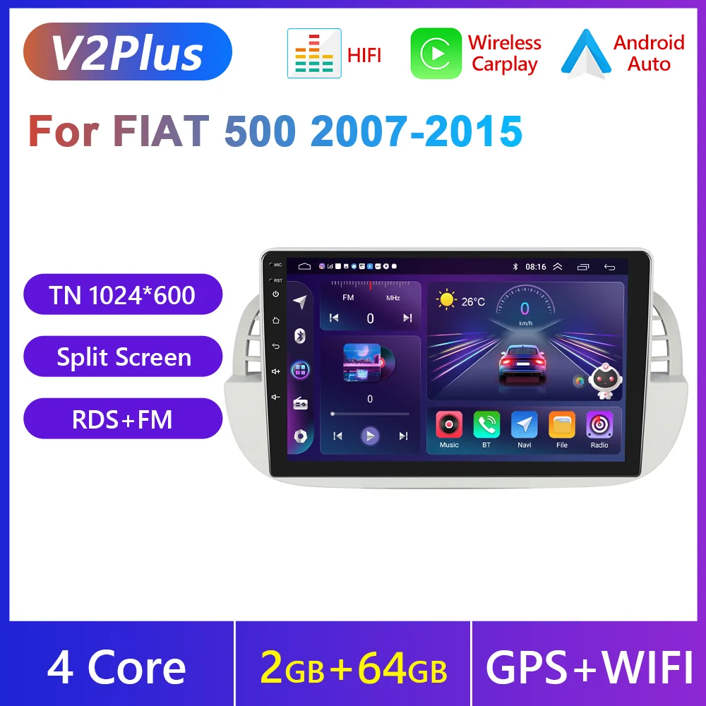 Podofo 2 Din WIFI Autoradio Voor FIAT 500 2007-2015 Draadloze Carplay Android Auto Multimedia Speler Mirrorlink autoradio