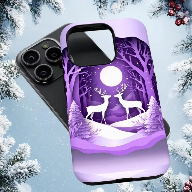 Purple Winter Night Reindeer Phone Case For IPHONE 16 15PRO MAX 14 13 12 11 Acrylic TPU Two in one magnetic Phone Cases