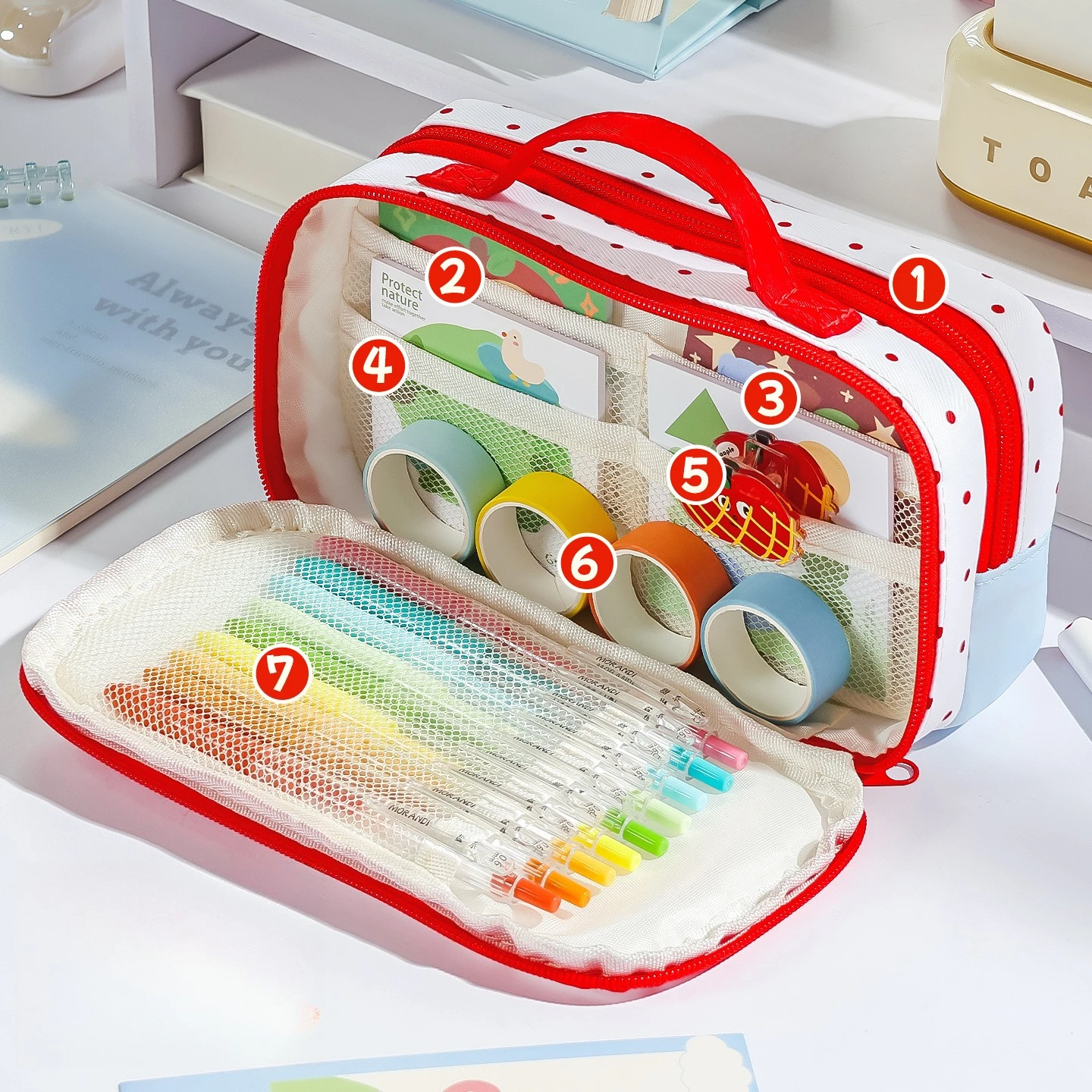 Cute Cartoon Fruit Mushroom Polka Dot Pencil Bag Grid Splicing Large Capacity Multi Layer Pencil Case for Girls Student Supplies