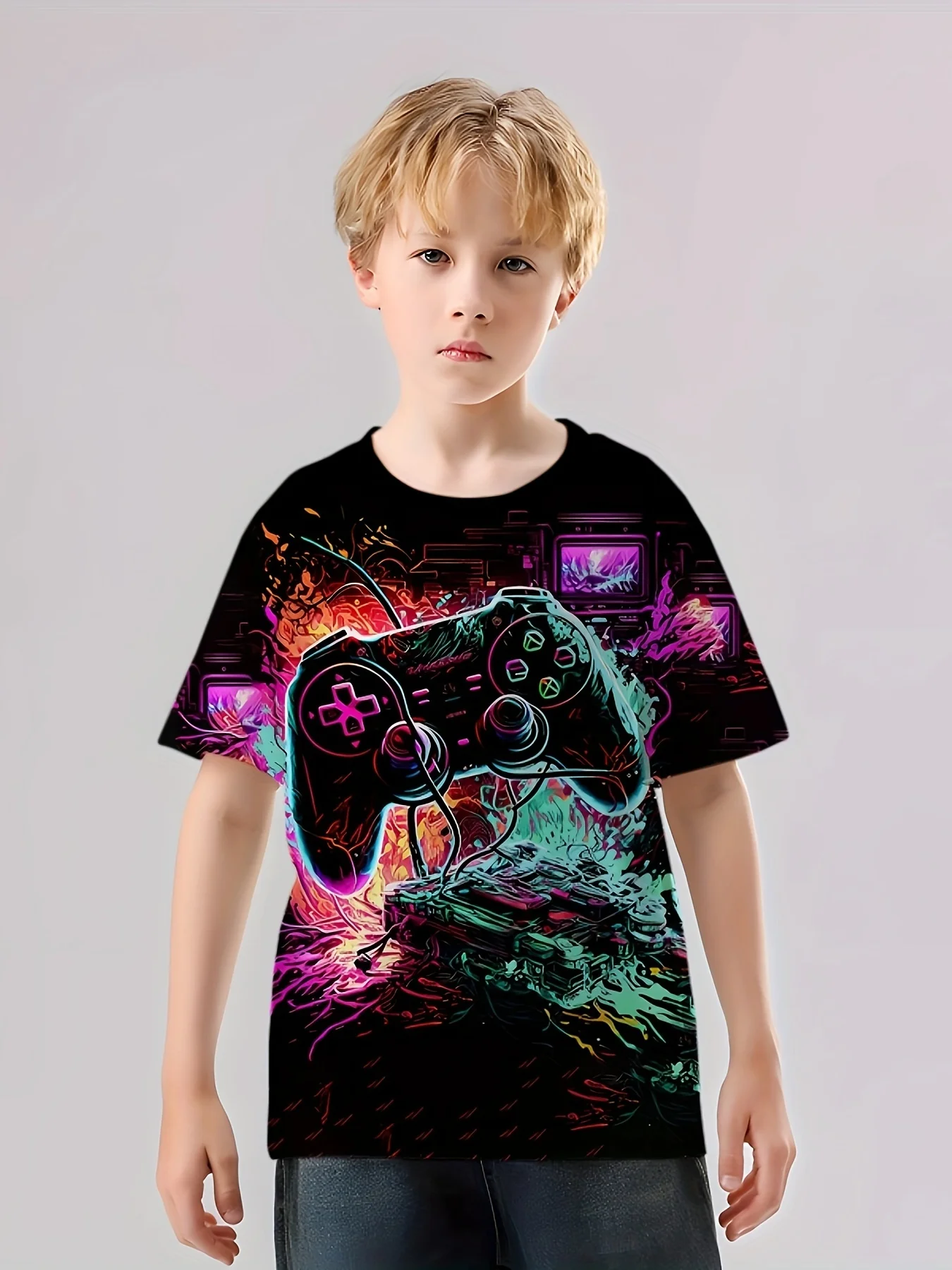 3D Printed Summer Boys, Girls, Children's Street Fashion, Comfortable, Trendy Game Machine Pattern T-shirt